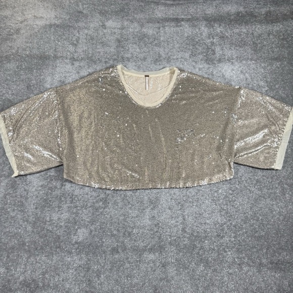 Free People Oversized Crop Top Women's Small Beige Sequin Embellished Drapey - Picture 3 of 7